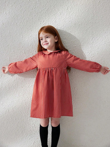 Blossori Young Girl Peter Pan Collar Long Sleeve Striped Minimalist Casual Dress