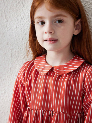 Blossori Young Girl Peter Pan Collar Long Sleeve Striped Minimalist Casual Dress