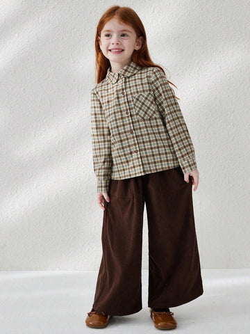 Blossori Young Girl Plaid Long Sleeve Single Breasted Pocket Casual Shirt, Autumn