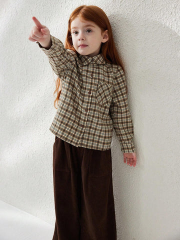 Blossori Young Girl Plaid Long Sleeve Single Breasted Pocket Casual Shirt, Autumn