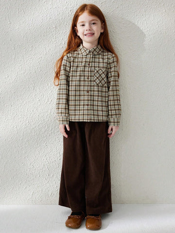 Blossori Young Girl Plaid Long Sleeve Single Breasted Pocket Casual Shirt, Autumn