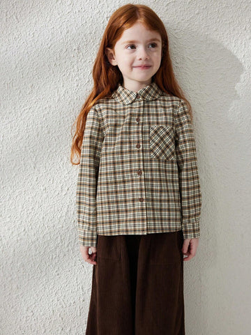 Blossori Young Girl Plaid Long Sleeve Single Breasted Pocket Casual Shirt, Autumn