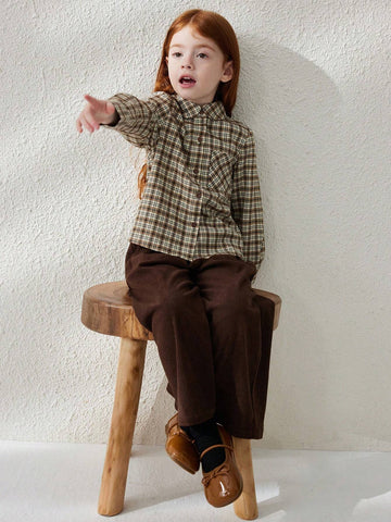 Blossori Young Girl Plaid Long Sleeve Single Breasted Pocket Casual Shirt, Autumn