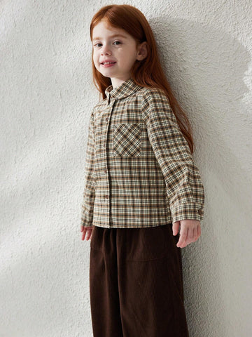 Blossori Young Girl Plaid Long Sleeve Single Breasted Pocket Casual Shirt, Autumn