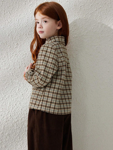 Blossori Young Girl Plaid Long Sleeve Single Breasted Pocket Casual Shirt, Autumn