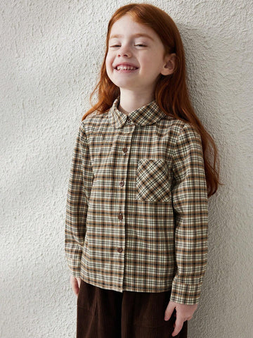 Blossori Young Girl Plaid Long Sleeve Single Breasted Pocket Casual Shirt, Autumn