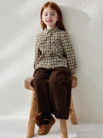 Blossori Young Girl Plaid Long Sleeve Single Breasted Pocket Casual Shirt, Autumn
