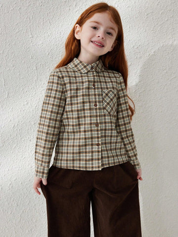 Blossori Young Girl Plaid Long Sleeve Single Breasted Pocket Casual Shirt, Autumn