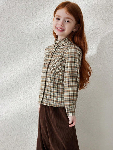 Blossori Young Girl Plaid Long Sleeve Single Breasted Pocket Casual Shirt, Autumn