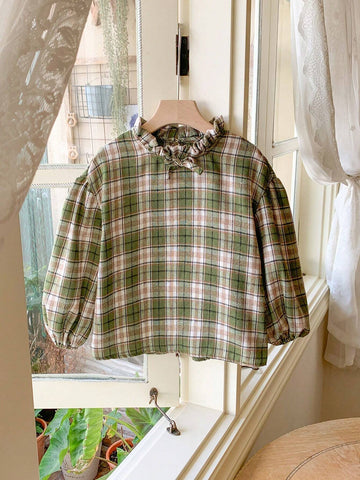 Blossori Young Girl Plaid Ruffle Trim Casual Long Sleeve Top, Everyday Wear