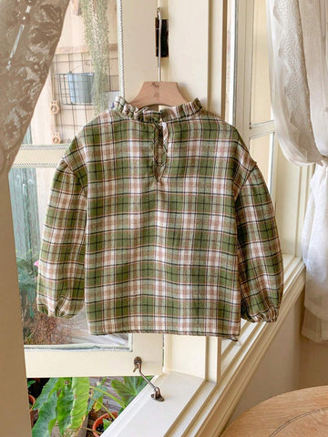 Blossori Young Girl Plaid Ruffle Trim Casual Long Sleeve Top, Everyday Wear
