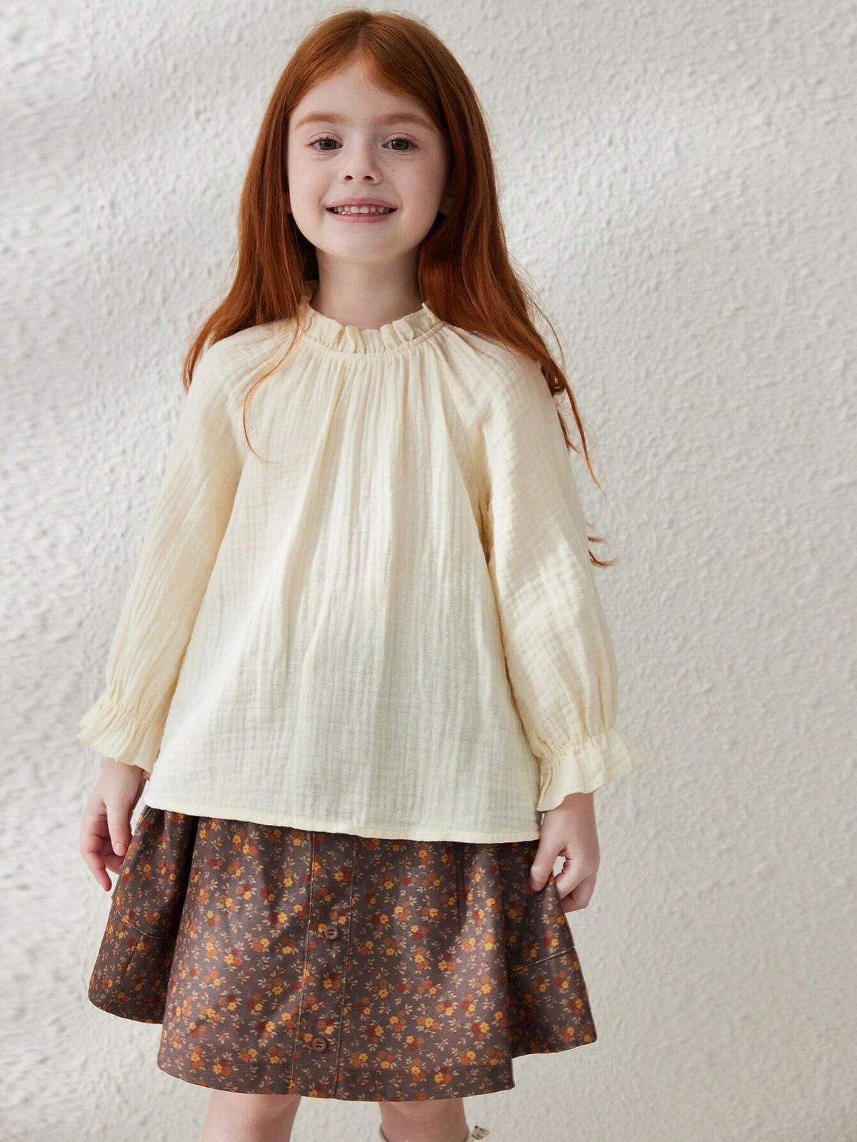 Blossori Young Girl Solid Color Ruffle Collar Long Sleeve Cute Blouse, Autumn