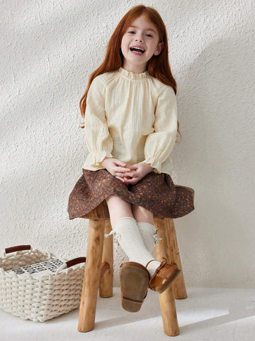 Blossori Young Girl Solid Color Ruffle Collar Long Sleeve Cute Blouse, Autumn