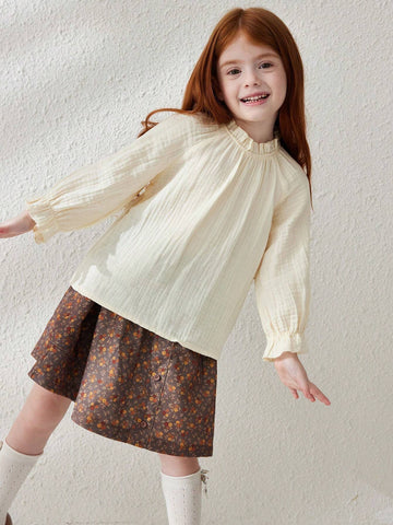 Blossori Young Girl Solid Color Ruffle Collar Long Sleeve Cute Blouse, Autumn