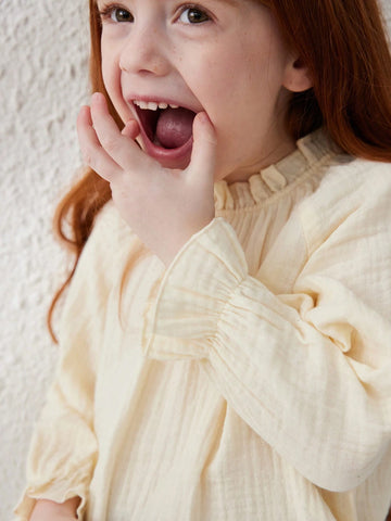 Blossori Young Girl Solid Color Ruffle Collar Long Sleeve Cute Blouse, Autumn