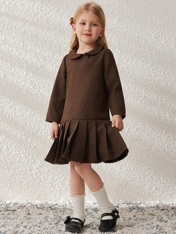 Blossori Young Girls Academy Style Relaxed Fit Plaid Mini Dress With Small Collar, Autumn/Winter