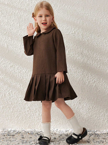 Blossori Young Girls Academy Style Relaxed Fit Plaid Mini Dress With Small Collar, Autumn/Winter