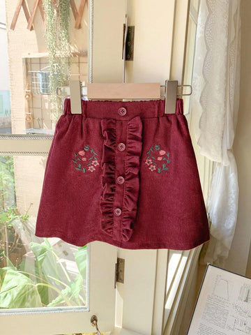 Blossori Young Girls Autumn/Winter French Style Elegant Red Button Decor Embroidered Woven Loose Elasticated Waist A-Line Skirt