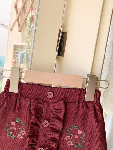 Blossori Young Girls Autumn/Winter French Style Elegant Red Button Decor Embroidered Woven Loose Elasticated Waist A-Line Skirt