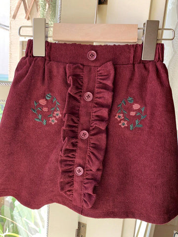 Blossori Young Girls Autumn/Winter French Style Elegant Red Button Decor Embroidered Woven Loose Elasticated Waist A-Line Skirt