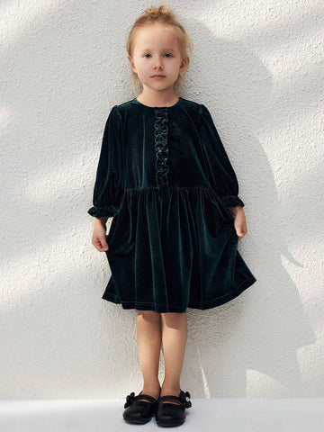 Blossori Young Girls Autumn Winter French Elegant Dark Green Embroidered Woven Loose Crew Neck Long Sleeve Dress