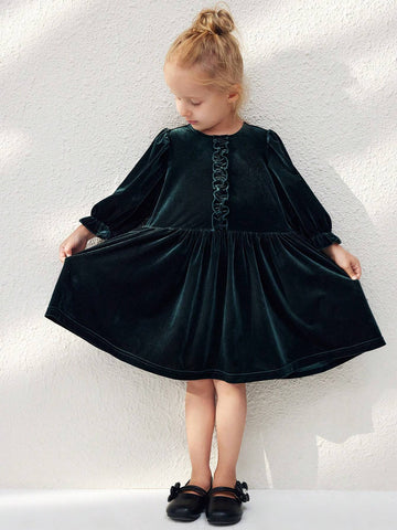 Blossori Young Girls Autumn Winter French Elegant Dark Green Embroidered Woven Loose Crew Neck Long Sleeve Dress