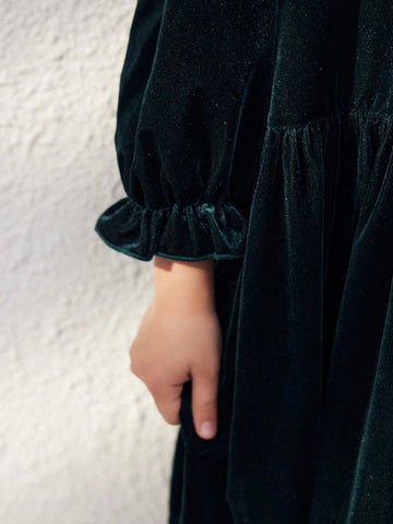 Blossori Young Girls Autumn Winter French Elegant Dark Green Embroidered Woven Loose Crew Neck Long Sleeve Dress