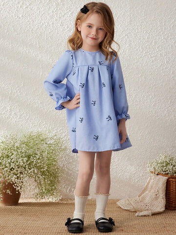 Blossori Young Girls Blue Ditsy Floral Loose Woven Dress, Spring/Summer