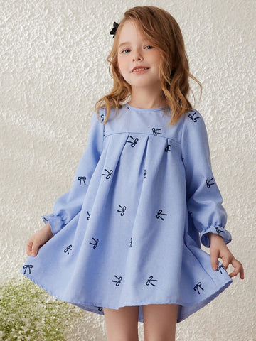 Blossori Young Girls Blue Ditsy Floral Loose Woven Dress, Spring/Summer