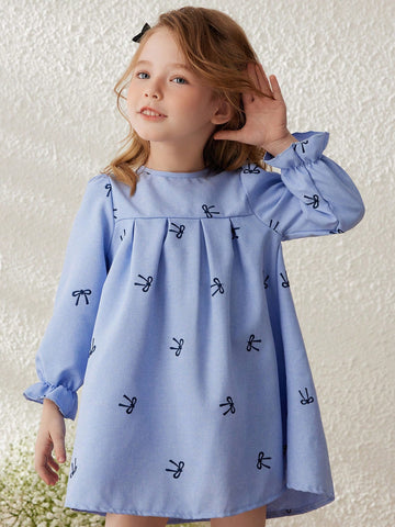 Blossori Young Girls Blue Ditsy Floral Loose Woven Dress, Spring/Summer