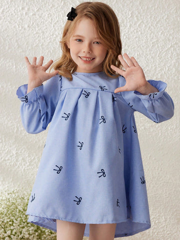 Blossori Young Girls Blue Ditsy Floral Loose Woven Dress, Spring/Summer