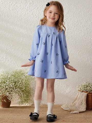 Blossori Young Girls Blue Ditsy Floral Loose Woven Dress, Spring/Summer