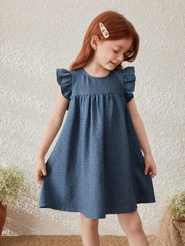 Young Girls Blue Floral Jacquard Ruffle Hem Woven Dress
