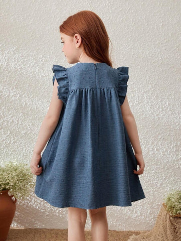 Young Girls Blue Floral Jacquard Ruffle Hem Woven Dress
