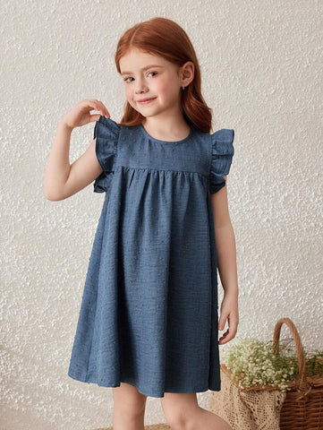 Young Girls Blue Floral Jacquard Ruffle Hem Woven Dress
