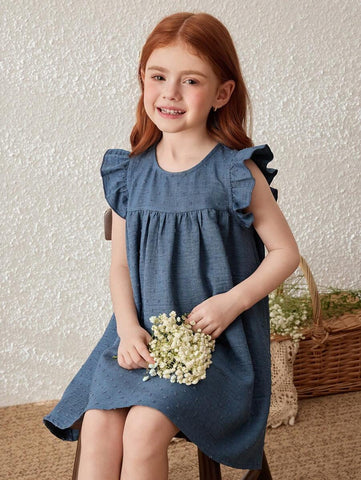 Young Girls Blue Floral Jacquard Ruffle Hem Woven Dress