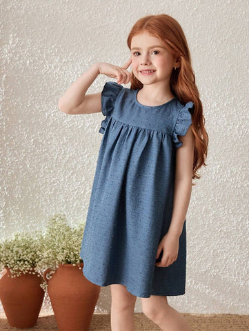 Young Girls Blue Floral Jacquard Ruffle Hem Woven Dress