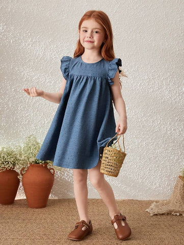 Young Girls Blue Floral Jacquard Ruffle Hem Woven Dress