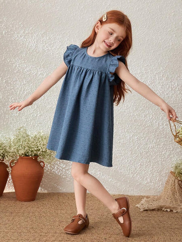 Young Girls Blue Floral Jacquard Ruffle Hem Woven Dress