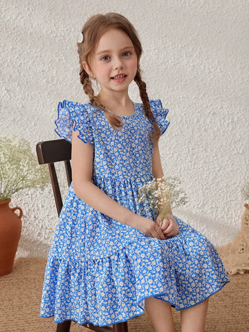 Young Girls Blue Floral Print Ruffle Sleeve Round Neck Dress