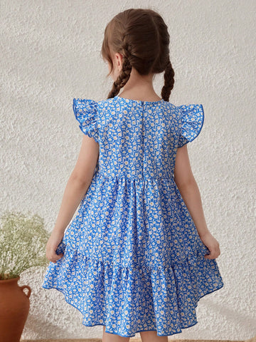 Young Girls Blue Floral Print Ruffle Sleeve Round Neck Dress
