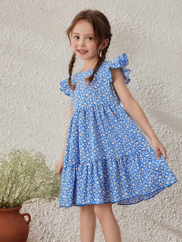Young Girls Blue Floral Print Ruffle Sleeve Round Neck Dress