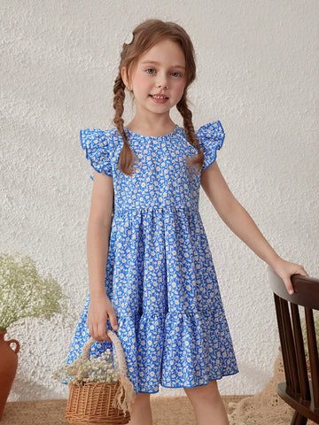 Young Girls Blue Floral Print Ruffle Sleeve Round Neck Dress