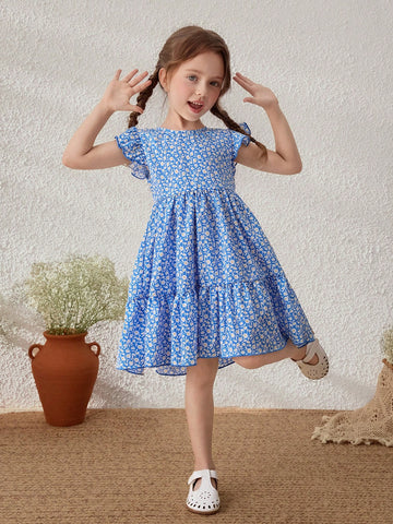 Young Girls Blue Floral Print Ruffle Sleeve Round Neck Dress