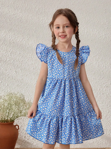 Young Girls Blue Floral Print Ruffle Sleeve Round Neck Dress