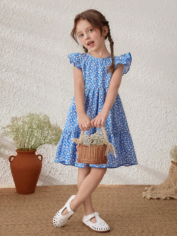 Young Girls Blue Floral Print Ruffle Sleeve Round Neck Dress