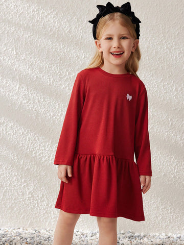 Blossori Young Girls Burgundy Knit Loose Fit French Chic Round Neck Dress, Autumn/Winter