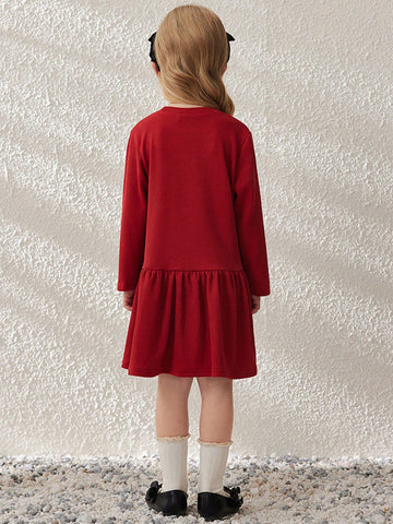 Blossori Young Girls Burgundy Knit Loose Fit French Chic Round Neck Dress, Autumn/Winter