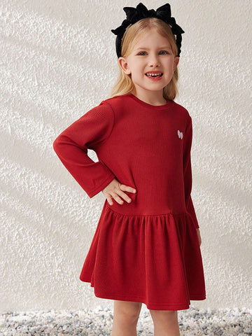 Blossori Young Girls Burgundy Knit Loose Fit French Chic Round Neck Dress, Autumn/Winter
