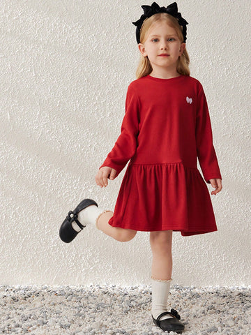 Blossori Young Girls Burgundy Knit Loose Fit French Chic Round Neck Dress, Autumn/Winter